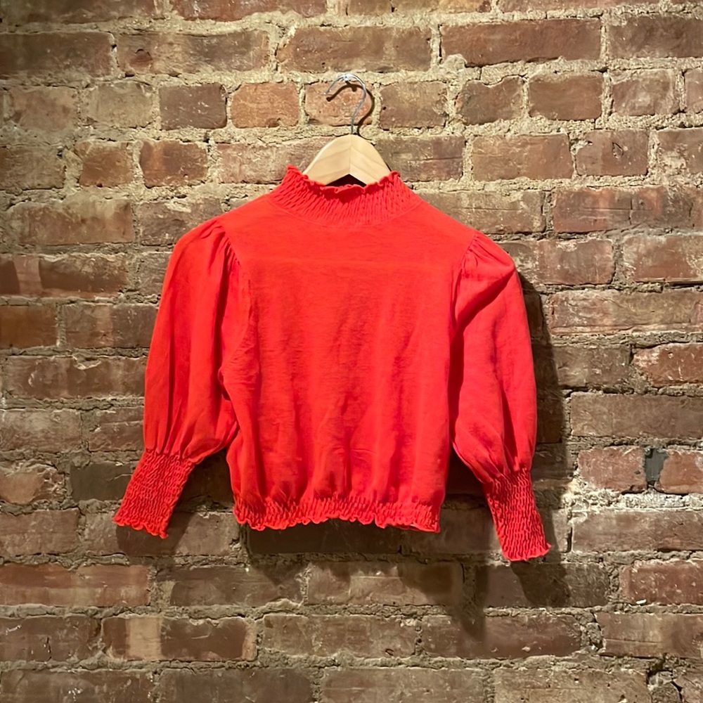 ZARA red sheer puff sleeve cropped top
